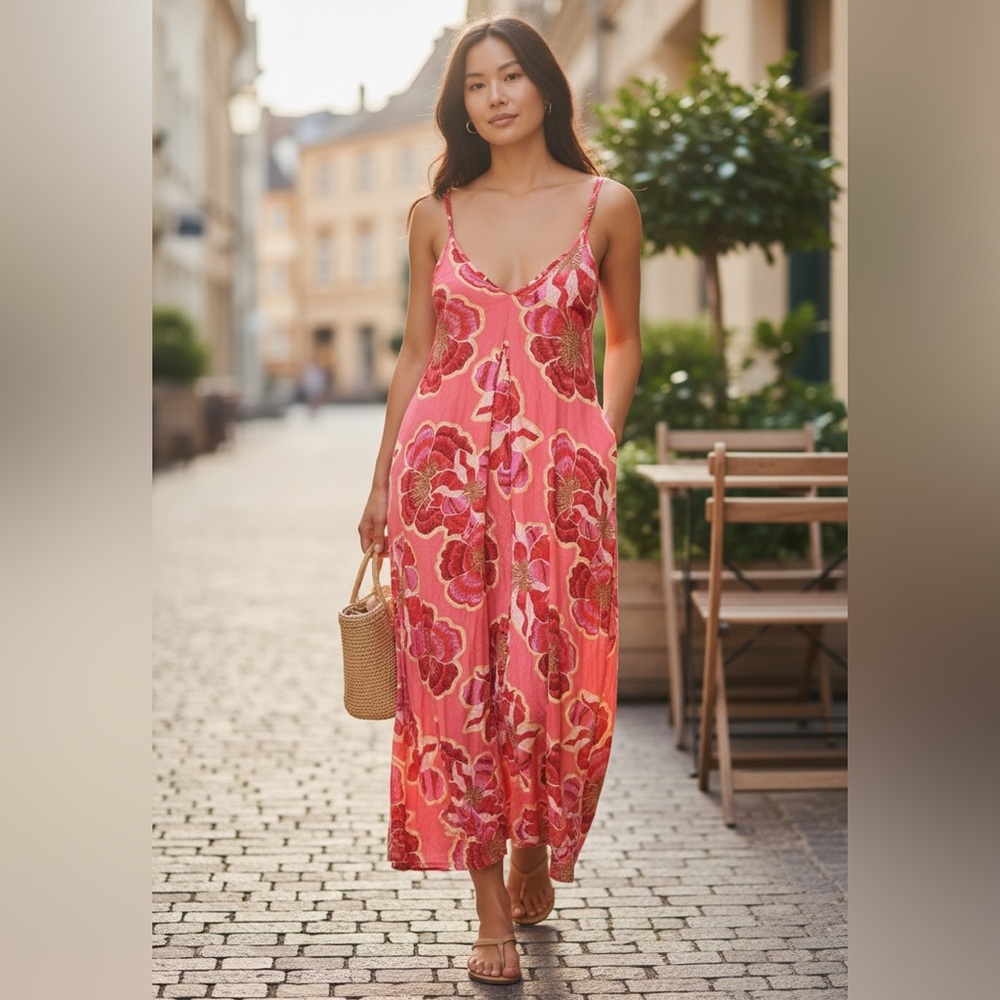 LOFT Coral & Pink Floral Slip Maxi Dress